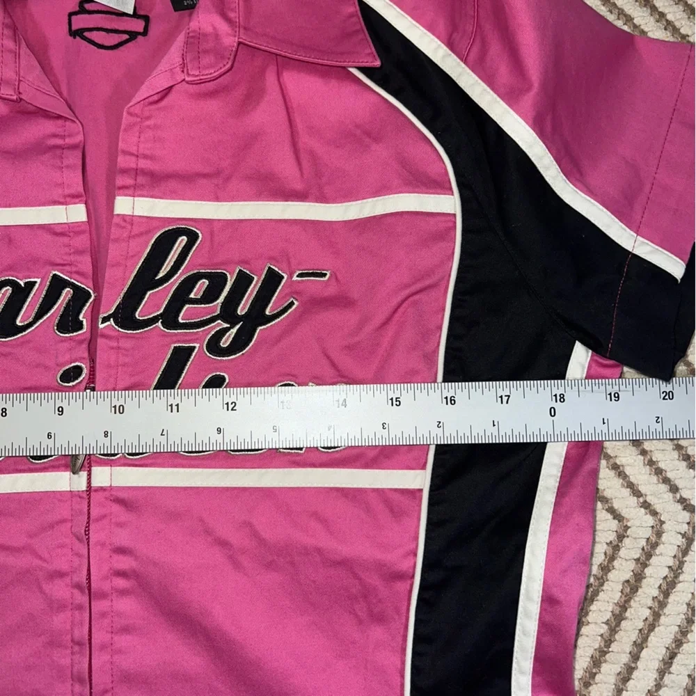 Harley-Davidson Women’s Pink Black Zip Front Mechanic Garage Shirt Size Medium - Picture 5 of 11